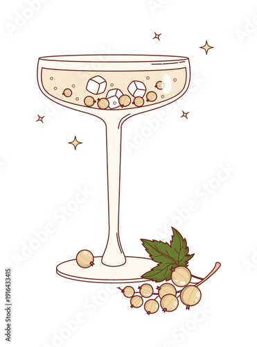 White Currant Cocktail in Coupe Glass. Chilled Elegant Appetizer. Refreshing Cocktail with Berries and Ice Cubes. Vector Illustration