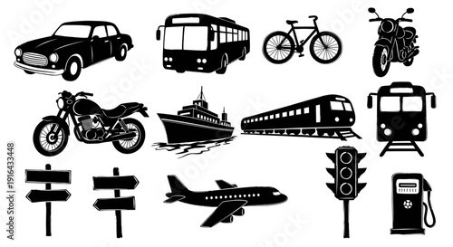 Collection of transportation icons including cars, bus, bikes, motorcycles, boat, train, airplane, traffic signals, signs, and fuel pump