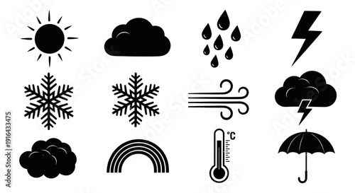Collection of weather icons including sun, clouds, snowflakes, rain, wind, lightning, and umbrella