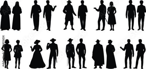 People silhouettes collection with men and women in modern and historical outfits, standing character poses, black vector illustration isolated background