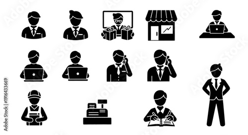 Collection of 13 black and white silhouettes depicting various professional, retail, and service workers