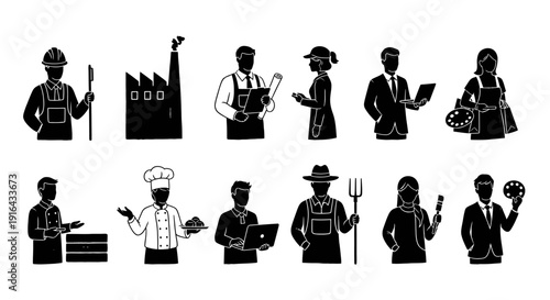 Collection of diverse professionals including engineer, factory worker, architect, businessperson, artist, chef, farmer, and artist, all silhouetted in black and white