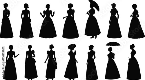 Victorian lady silhouettes collection in elegant long dresses, vintage women characters with parasol and hats, black vector illustration isolated background