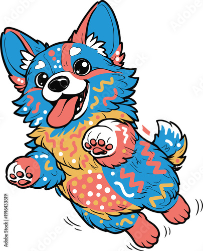 A vibrant and playful tie-dye corgi in mid-leap with a cheerful expression