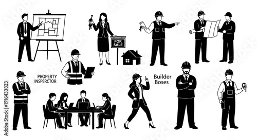 Group of professionals including architects, engineers, agents, inspectors, and buyers discussing building projects and property sales