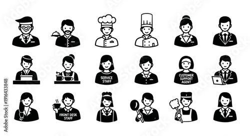 Collection of black-and-white icons representing various hospitality and service industry staff