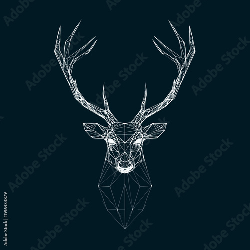 Low poly geometric deer head with antlers in white wireframe style on dark background