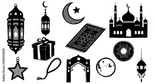 Collection of black and white Islamic Ramadan-themed symbols including lanterns, moon, star, mosque, prayer rug, gift box, and decorative motifs