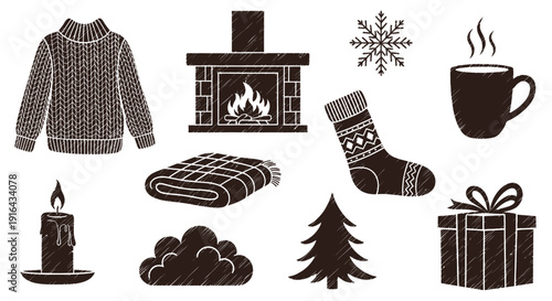 Collection of cozy winter icons including sweater, fireplace, snowflake, mug, blanket, sock, candle, tree, gift, and snowball