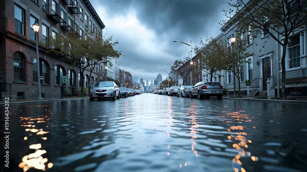 Flooded city street with submerged cars and buildings after heavy rain ...