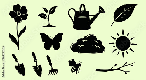 Collection of gardening and nature-themed silhouettes including flowers, leaves, tools, and insects on a light background