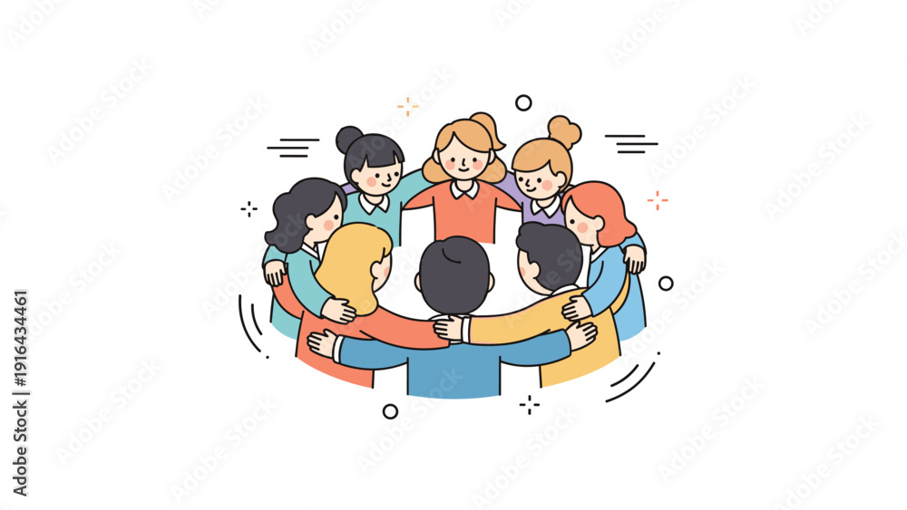 Fototapeta premium Diverse group of cartoon characters embracing in a circle