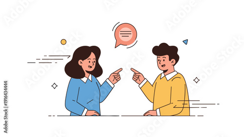 Cartoon illustration of two young adults engaged in friendly conversation