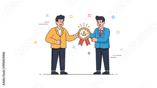 Two young adult asian men celebrating achievement with award ribbon and smiles