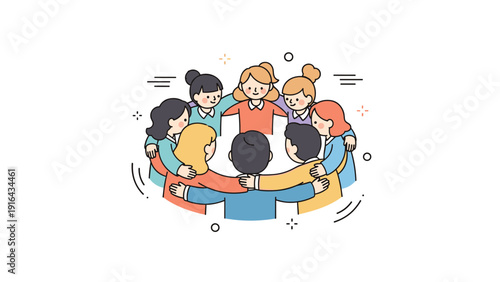 Diverse group of cartoon characters embracing in a circle