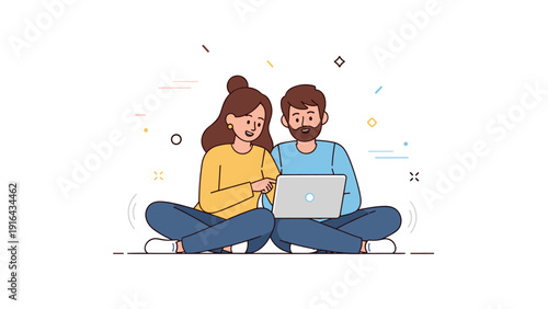 Young caucasian couple collaborating on laptop illustration
