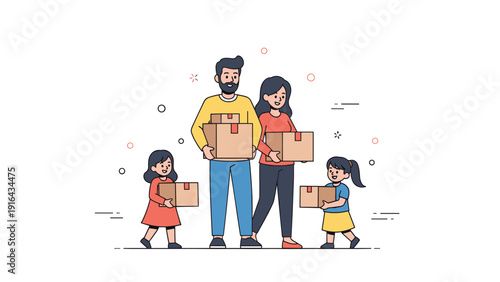 Family moving boxes together: hispanic parents and children with cardboard packages