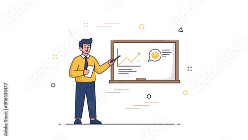 Caucasian male adult presenting business graph on whiteboard with pointer