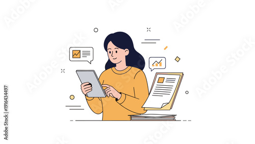 Young asian female analyzing data on tablet with charts and reports