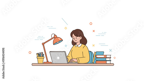 Young caucasian female adult working on laptop at desk with lamp and books