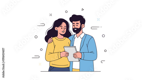 Young caucasian couple reviewing tablet smiling in minimalist style cartoon art