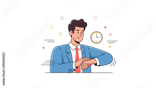 Cartoon illustration of young caucasian male in blue suit checking time on wristwatch