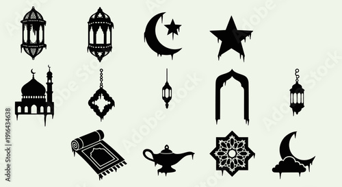 Collection of black silhouettes of Islamic and crescent moon-themed lanterns, stars, mosque, and prayer items