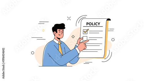 Young caucasian male reviewing checklist on policy document with illustrative style
