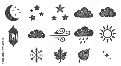 Collection of hand-drawn weather, night, and nature icons including moon, stars, clouds, sun, snowflake, and leaves