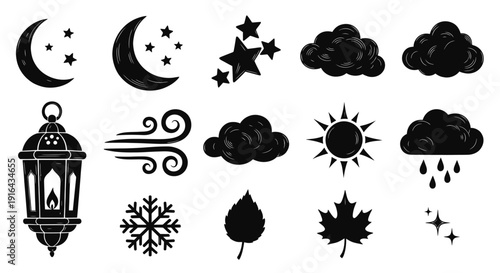 Collection of black weather and night-themed symbols including moons, stars, clouds, and weather icons