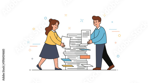 Two colleagues collaborating on document organisation