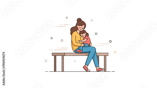 Caucasian female adult hugging caucasian female child on bench illustration