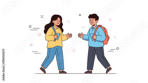 Young asian teens meeting and chatting outdoors with backpacks
