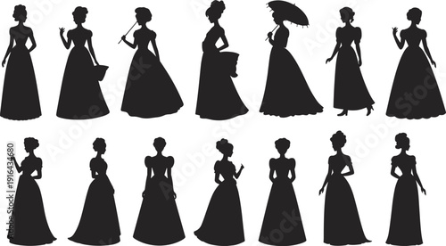 Victorian women silhouettes collection in elegant long gowns with parasol and fan, vintage female characters black vector illustration isolated background