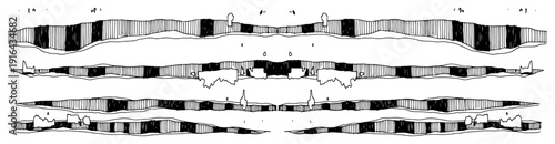 Abstract hand drawn sketch of geological layers or horizontal strata featuring different textures and patterns