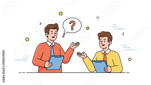 Cartoon illustration of two young caucasian males having a discussion with clipboards