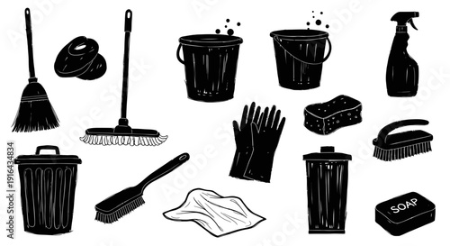 Collection of cleaning tools and supplies including brushes, sponges, gloves, spray bottle, buckets, sponge, and soap
