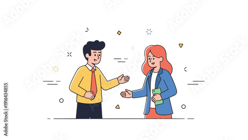 Cartoon interaction: caucasian man and woman engaged in friendly conversation holding smartphone