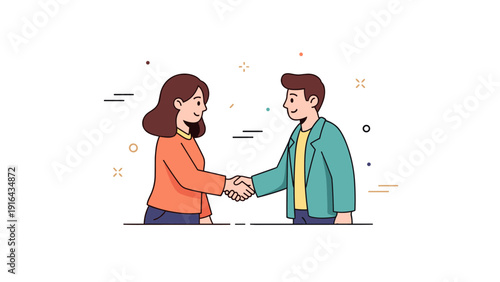 Illustrated caucasian female and male adults shaking hands in friendly gesture
