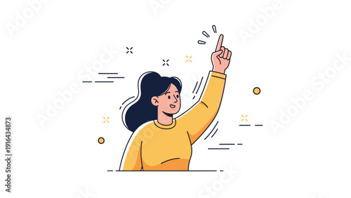 Smiling young female cartoon character pointing upward with finger raised