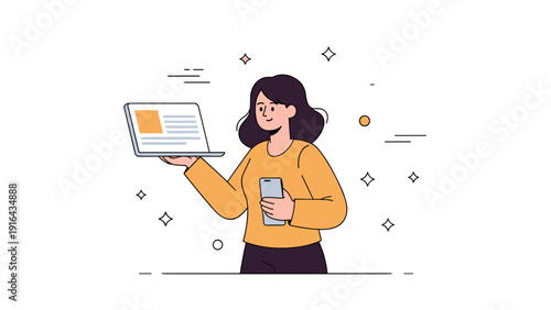 Young woman with laptop and smartphone in cartoon style illustration