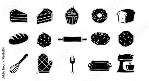 Collection of baking and cooking utensils with various baked goods including bread, pastries, and cookies
