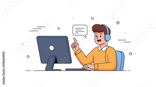 Young caucasian male hosting webinar with headset and computer