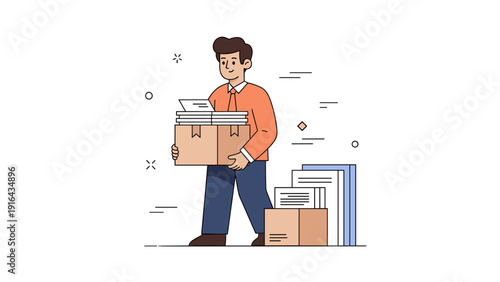 Male character carrying box of documents with office supplies