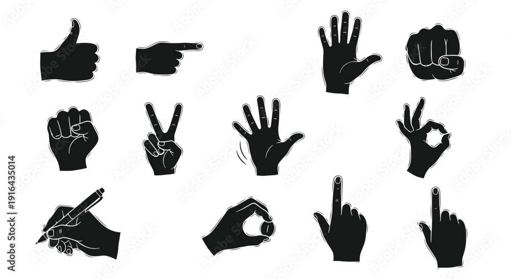 Fototapeta premium Collection of black and white hand gesture silhouettes displaying thumbs up, pointing, peace sign, fist, OK, and various other signs with outline details