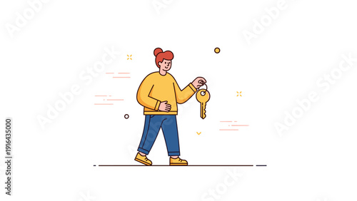 Female cartoon character holding key wearing yellow sweater and blue jeans