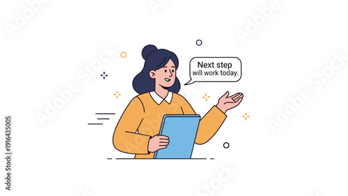 Asian female professional with tablet discussing next steps