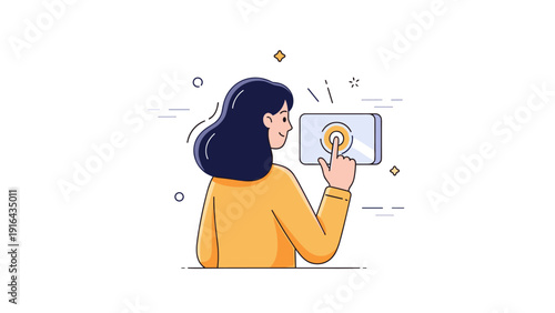 Asian female engaging with digital touchscreen interface illustration