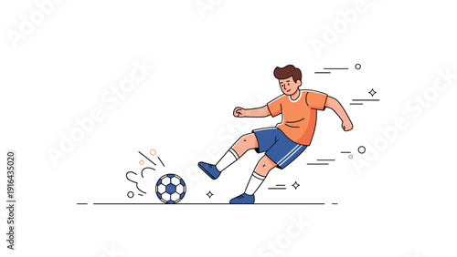 Young caucasian male kicking soccer ball in cartoon style illustration