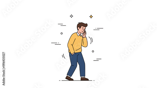 Cartoon of young caucasian male walking and laughing in casual clothing